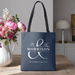 Mr Mrs Monogram Navy Blue Wedding  Tote Bag<br><div class="desc">Celebrate in timeless style with our Mr. and Mrs. Monogram Navy Blue Wedding Tote Bag. Featuring a rich navy blue background, elegant “Mr. & Mrs.” script, and your personalised monogram, this tote combines classic sophistication with practical charm. Perfect for wedding welcome bags, bridal party gifts, or guest favours, it’s a...</div>