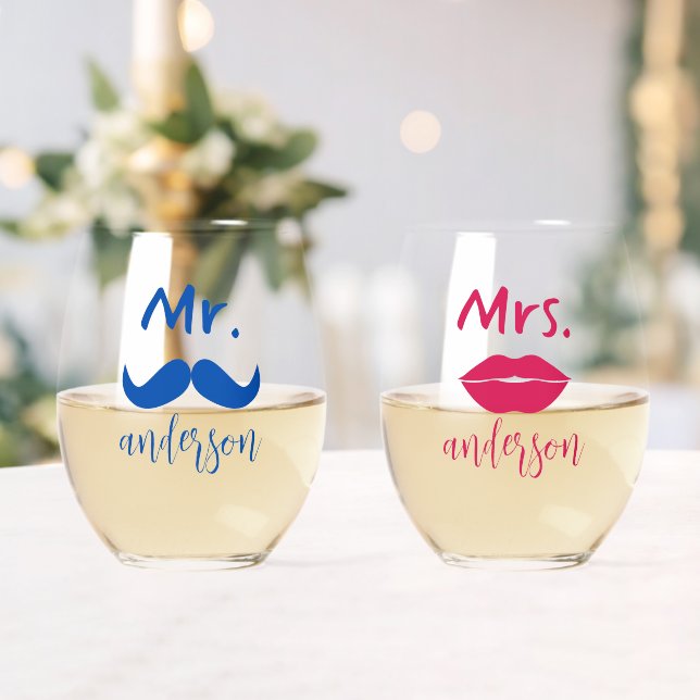 Mr & Mrs. Moustache Lips Personalised Wedding  Stemless Wine Glass (Insitu (Wedding))