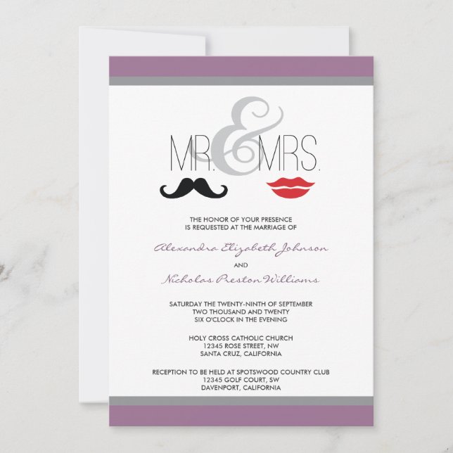 Mr. & Mrs. Moustache & Lipstick Wedding Invitation (Front)