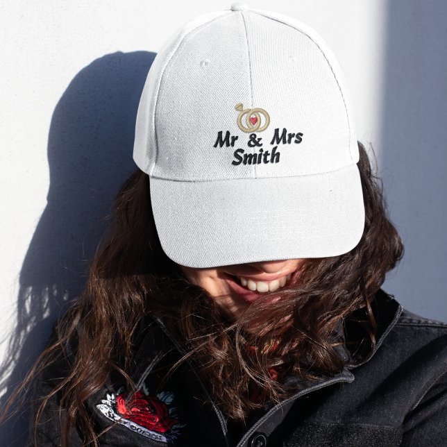 Mr & Mrs Name and Wedding Rings, Bride,Modern  Embroidered Hat (Creator Uploaded)