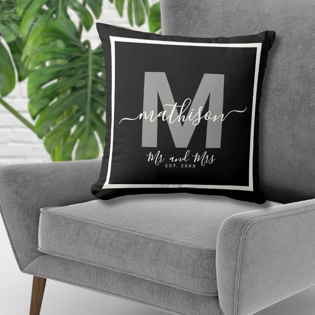 Mr Mrs Name Black Newlywed Monogram Cushion (Mr Mrs Name Black Newlywed Monogram Throw Pillow)