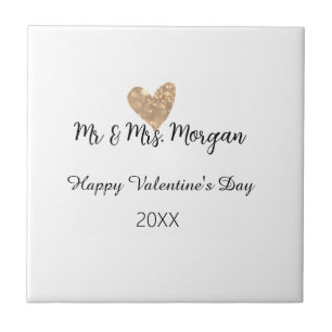 Mr & Mrs name happy Valentine's day gold heart  Tile