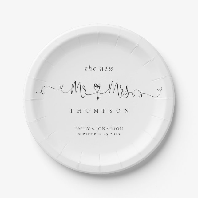 Mr Mrs Name Key Symbol Whimsical Script Wedding Paper Plate (Front)