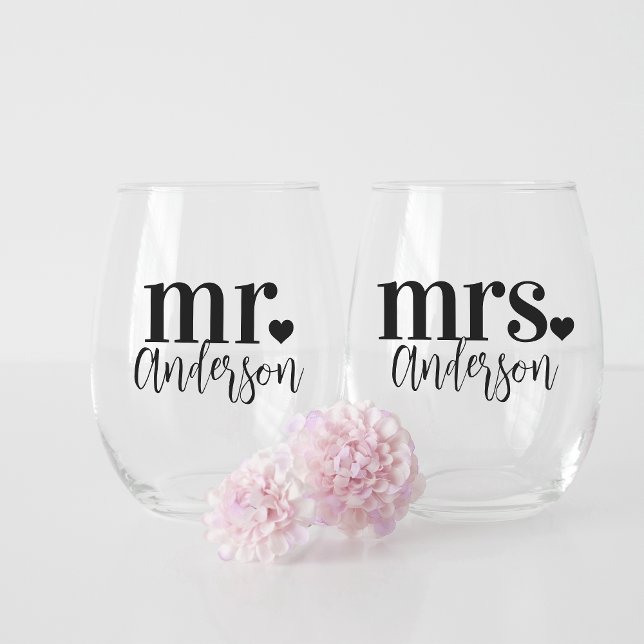 Mr. & Mrs. Name Personalised Wedding Stemless Wine Glass (Creator Uploaded)