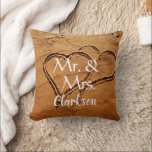 Mr. & Mrs name two hearts in sand beach wedding Cushion<br><div class="desc">Modern elegant,  Mr. and Mrs.,  two hearts in sand,  custom name, Beach Wedding pillow.
You can personalise it and add your own text and name.</div>