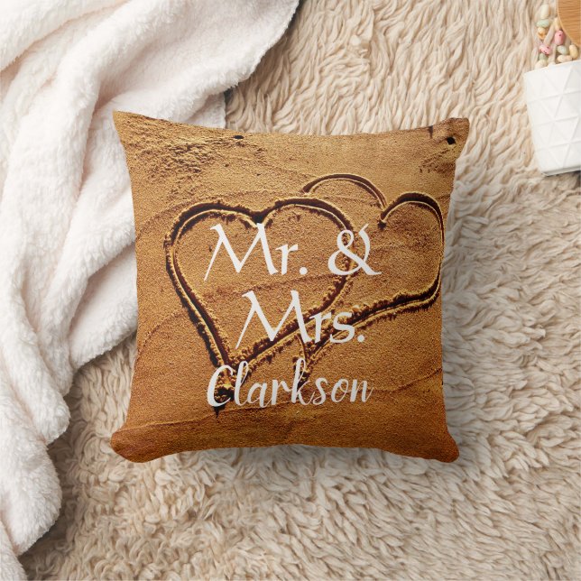 Mr. & Mrs name two hearts in sand beach wedding Cushion (Blanket)