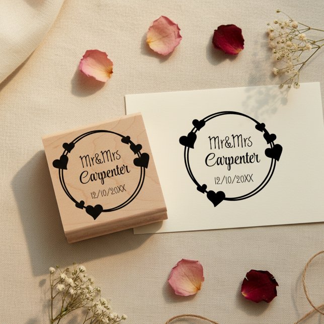 Mr&Mrs Names and Wedding Date Romantic Stamp (Romantic wedding stamp with hearts. 💕)