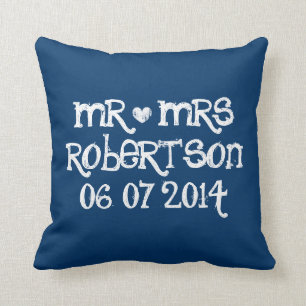 Mr & Mrs navy blue and white wedding throw pillow