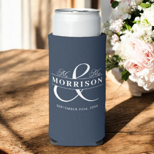 Mr Mrs Navy Blue Romantic Wedding Favour Seltzer Can Cooler
