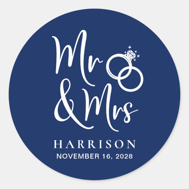 Mr Mrs Navy Blue Wedding Classic Round Sticker (Front)