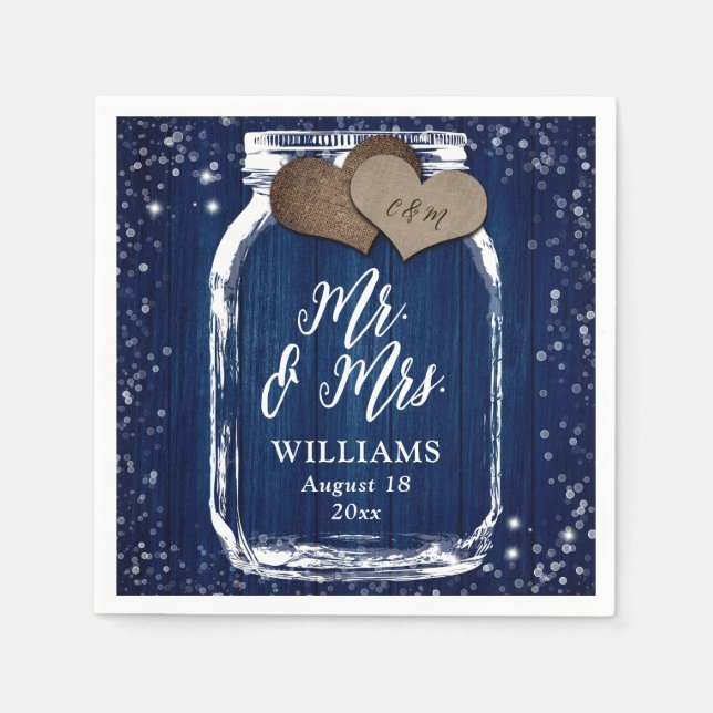 Mr. & Mrs. Navy Blue Wood Mason Jar Barn Wedding Napkin (Front)