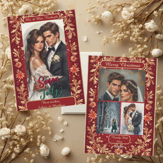 Mr & Mrs Newly Wed Christmas Gold Foliage 4 Photos Holiday Card (Mr & Mrs Newly Wed Christmas Gold Foliage 4 Photos Holiday Card)