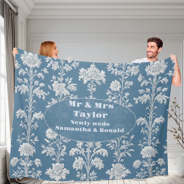 Mr & Mrs Newly Wed Dusty Blue French Country Flora Fleece Blanket (Mr & Mrs Newly Wed Dusty Blue French Country Flora Fleece Blanket)
