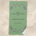 Mr mrs newly weds lavender sage green wedding beach towel<br><div class="desc">Decorated with mr mrs with a heart. A trendy sage green background. Personalise and add your names. Black text. Decorted with lavender flowers and eucalyptus greenery.</div>