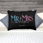 Mr & Mrs Newlywed Couple Wedding Anniversary Black Decorative Cushion<br><div class="desc">Celebrate your holy matrimony with this cute Mr. and Mrs. wedding pillow for newlywed couples. Customise it by adding your last name / surname and wedding anniversary year date. Pink, blue and white elegant font on black pillow. Great for a bridal shower or anniversary / wedding gift for a husband...</div>