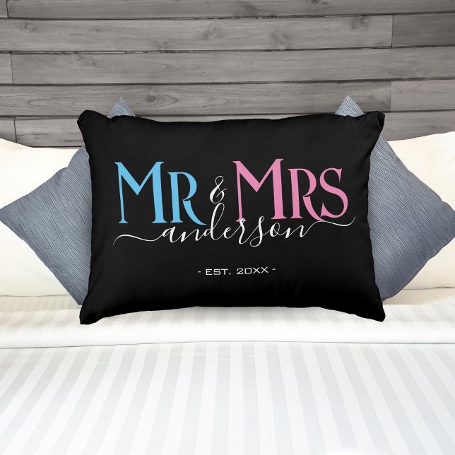 Mr & Mrs Newlywed Couple Wedding Anniversary Black Decorative Cushion (Mr & Mrs Newlywed Couple Wedding Anniversary Blue Pink and Black Accent Pillow)