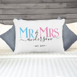 Mr & Mrs Newlywed Couple Wedding Anniversary White Decorative Cushion<br><div class="desc">Celebrate your holy matrimony with this cute Mr. and Mrs. wedding pillow for newlywed couples. Customise it by adding your last name / surname and wedding anniversary year date. Pink, blue and black elegant font on white pillow. Great for a bridal shower or anniversary / wedding gift for a husband...</div>