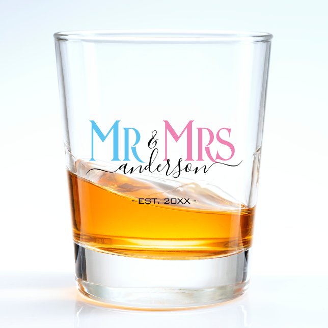 Mr & Mrs Newlywed Wedding Favour Shot Glass (pink and blue mr and mrs wedding shot glass)