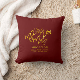 MR & MRS Newlyweds Just Married BURGUNDY Gold GIFT Cushion