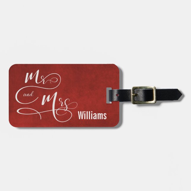 Mr. & Mrs. on red texture Luggage Tag (Front Horizontal)