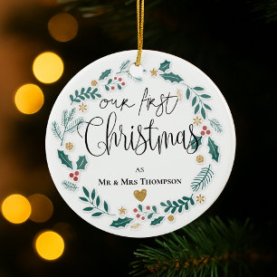 Mr & Mrs Our First Christmas 2025 Newlywed Wreath Ceramic Tree Decoration