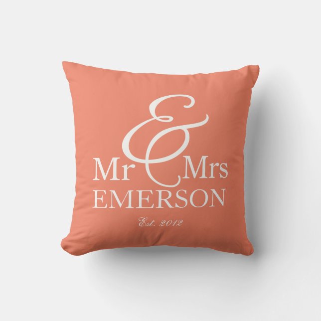 "Mr & Mrs" personalised coral & white Cushion (Front)