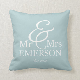 "Mr & Mrs" personalised light blue & white Cushion