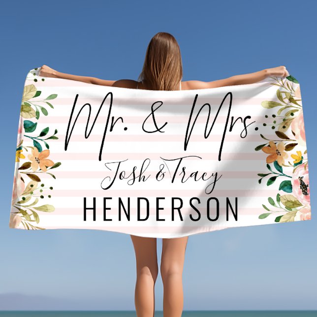 Mr. & Mrs. Personalised Names and Last Name Floral Beach Towel (Mr. & Mrs. Personalized Names and Last Name Floral Beach Towel)