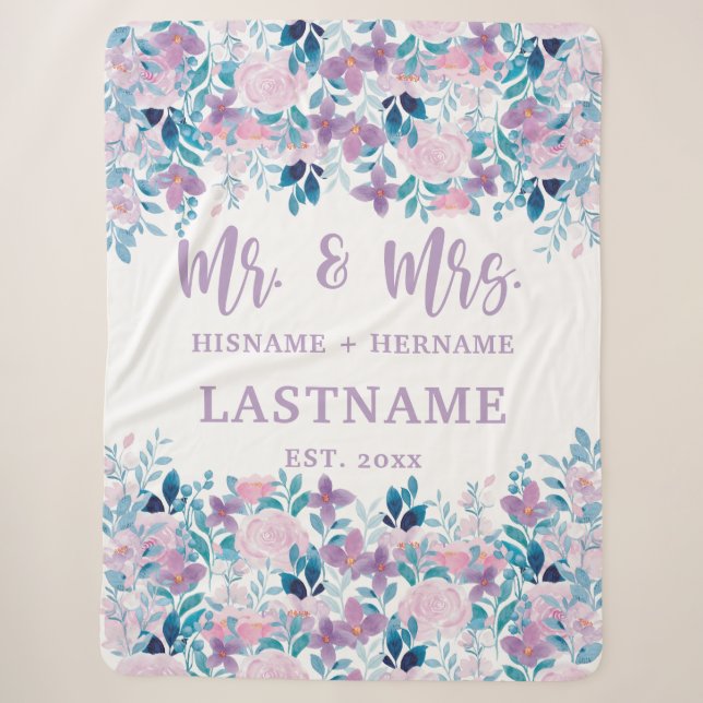 Mr & Mrs Personalised Sherpa Blanket with Flowers (Front)