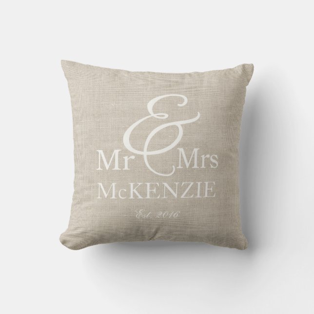 "Mr & Mrs" personalised with faux burlap backgroun Cushion (Front)