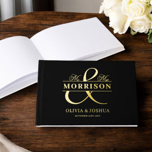 Mr Mrs Photo Black Elegant Modern Wedding Gold Guest Book