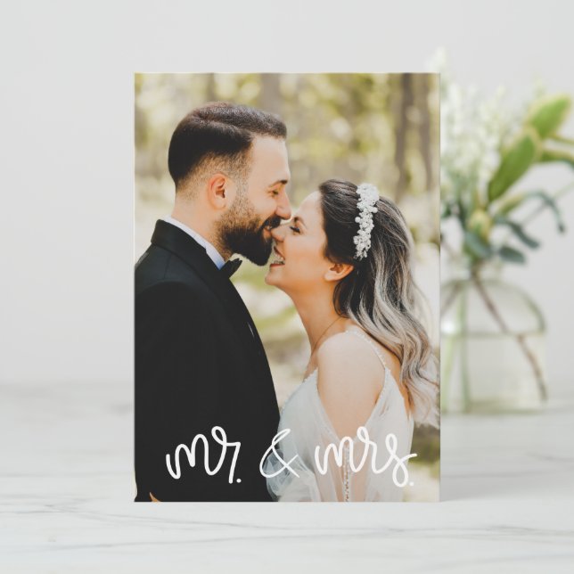 Mr Mrs Photo Black White Wedding Thank You Card (Standing Front)
