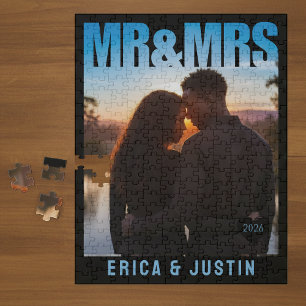 Mr & Mrs Photo Block Heart Anniversary Name Jigsaw Puzzle