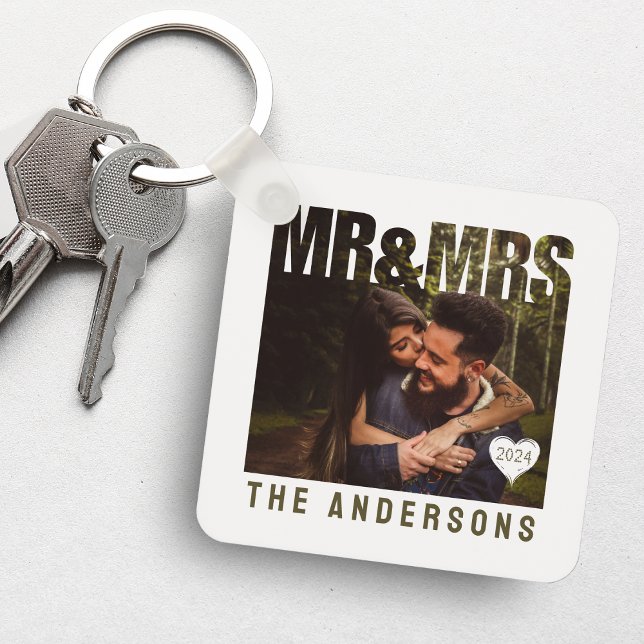 Mr & Mrs Photo Block Heart Anniversary Name Key Ring (Mr & Mrs Photo Block Heart Anniversary Name Keychain
)