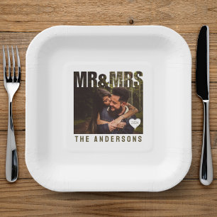 Mr & Mrs Photo Block Heart Anniversary Name Paper Plate