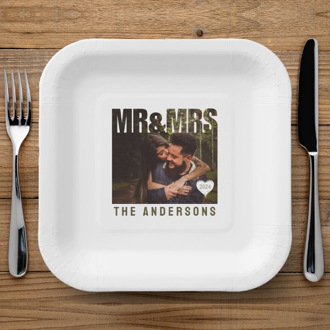 Mr & Mrs Photo Block Heart Anniversary Name Paper Plate (Mr & Mrs Photo Block Heart Anniversary Name Paper Plates
)