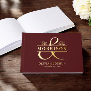 Mr Mrs Photo Burgundy Elegant Modern Wedding Gold Guest Book