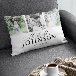 Mr & Mrs Photo Collage Modern Monogram Pillow