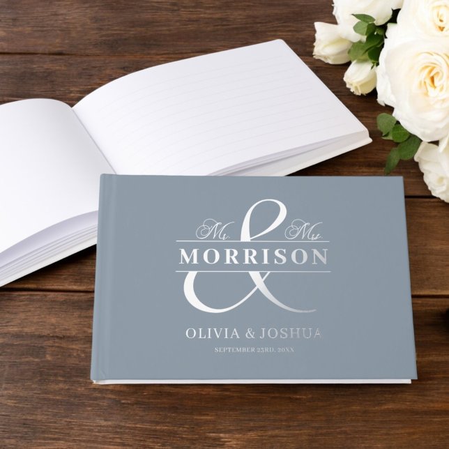 Mr Mrs Photo Dusty Blue Elegant Wedding Silver Guest Book (Creator Uploaded)
