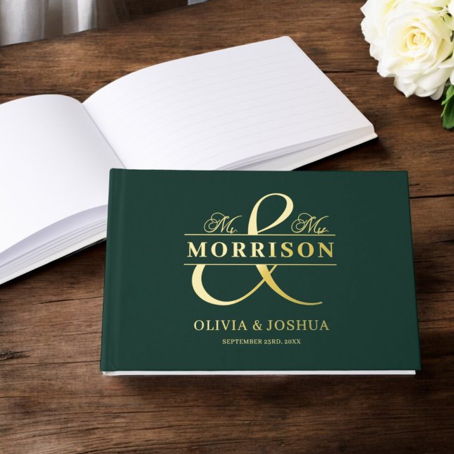 Mr Mrs Photo Emerald Green Modern Wedding Gold Guest Book (Creator Uploaded)