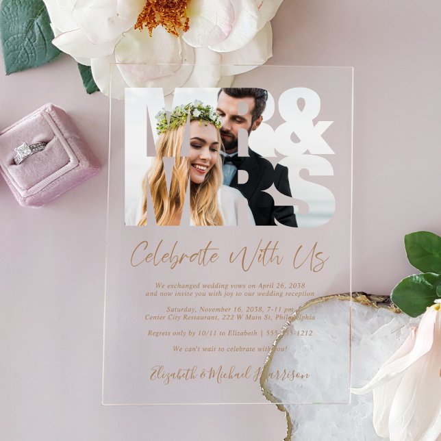 Mr Mrs Photo Gold Script Wedding Reception Acrylic Invitations (Make your wedding reception unforgettable with stunning acrylic invitations—modern, elegant, unique!)
