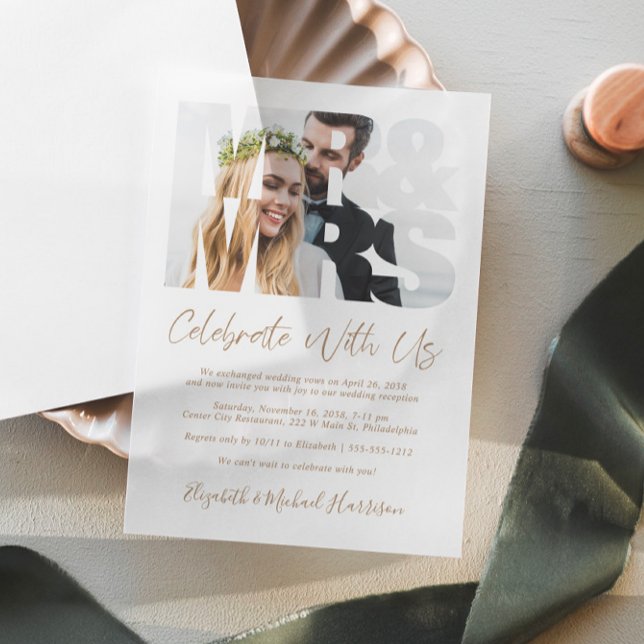 Mr Mrs Photo Gold Script Wedding Reception Vellum Invitations (Elevate your wedding reception invitations with the timeless beauty of vellum overlays)