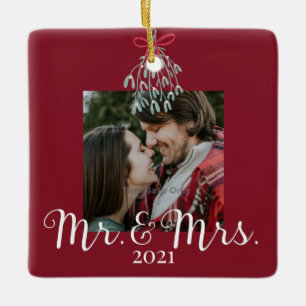 Mr & Mrs Photo Mistletoe Red First Christmas  Ceramic Ornament