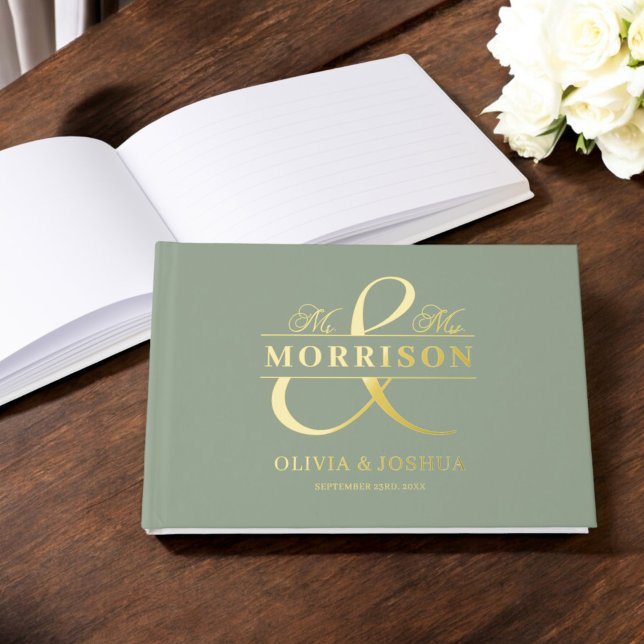 Mr Mrs Photo Sage Green Elegant Wedding Gold Guest Book (Creator Uploaded)