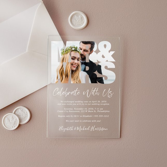 Mr Mrs Photo Wedding Reception Acrylic Invitations (Make your wedding reception unforgettable with stunning acrylic invitations—modern, elegant, unique!)