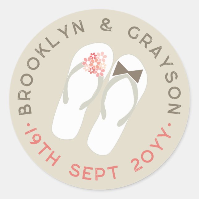 Mr & Mrs Pink Flowers Flip Flops Beach Wedding Classic Round Sticker (Front)