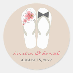Mr & Mrs Pink Hibiscus Flip Flops Beach Wedding Classic Round Sticker