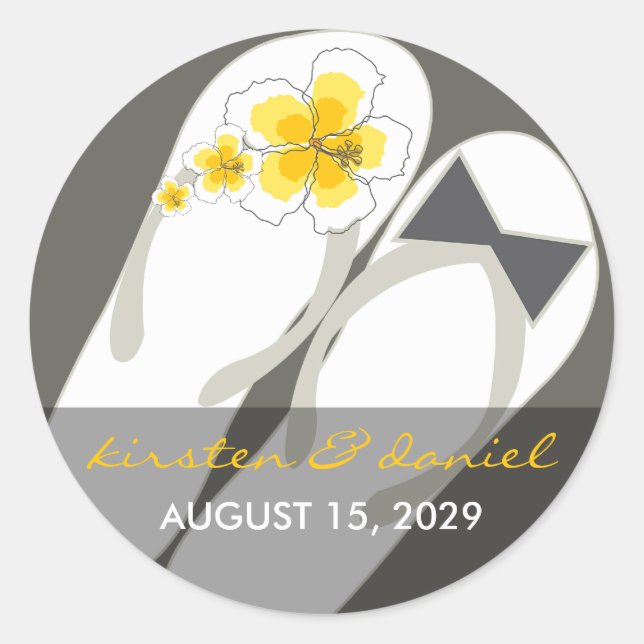 Mr & Mrs Pink Hibiscus Flip Flops Beach Wedding Classic Round Sticker (Front)
