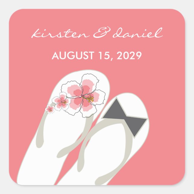 Mr & Mrs Pink Hibiscus Flip Flops Beach Wedding Square Sticker (Front)