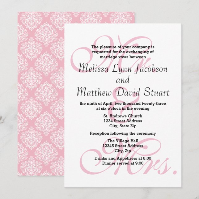 Mr. & Mrs. Pink - Wedding & Reception Invitation (Front/Back)